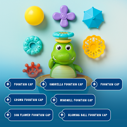 Colorful toy turtle with various accessories on a blue background